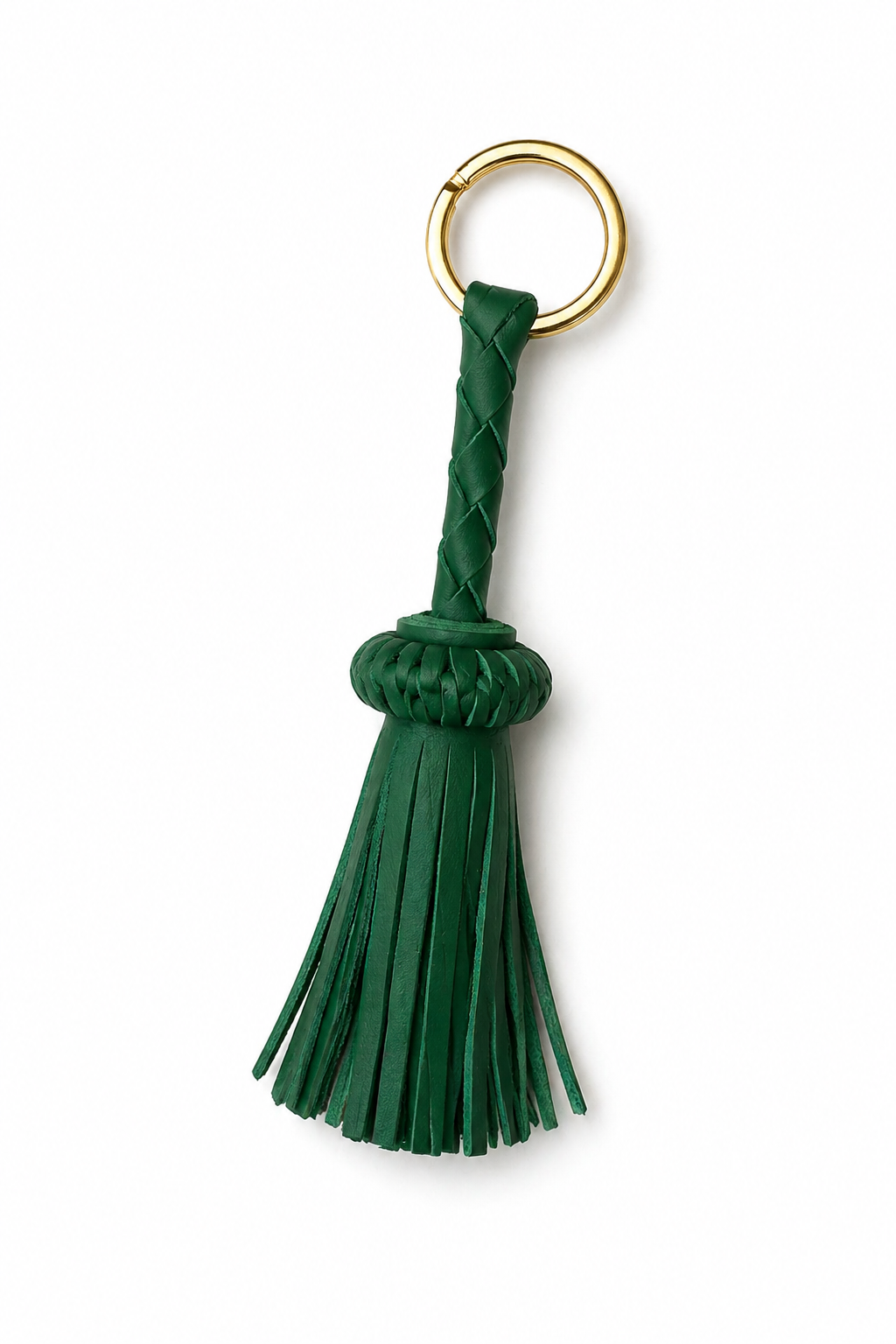 LEATHER TASSEL KEYCHAIN EMERALD, GOLD